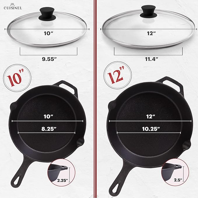 Cuisinel 6"+8"+10+12"-Inch Cast Iron Skillets Set + Glass Lids + Silicone - Image 3