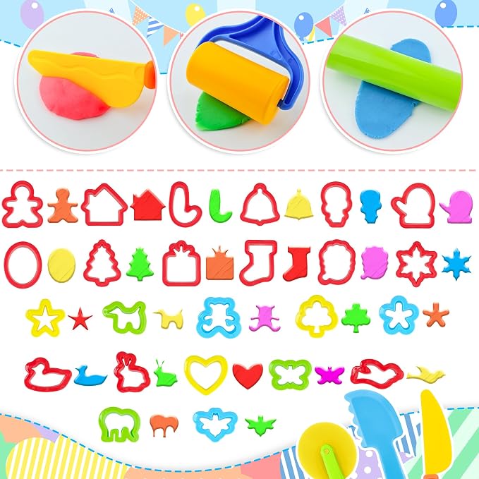 Dough Tools for Kids，40pcs Basic Dough Play Toys Includes Cutters, Rolling Pins - Image 3