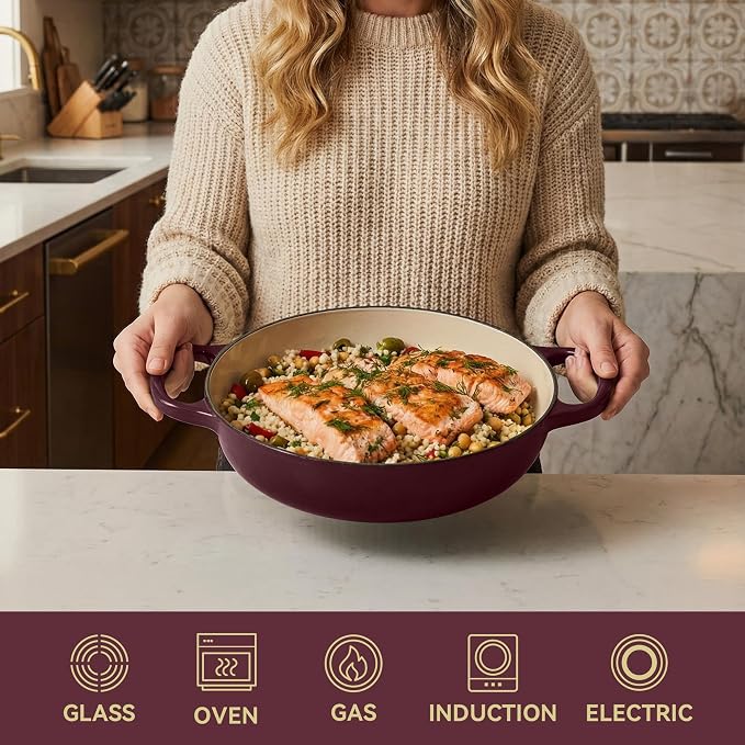 Vintage Style 3 Quart Enameled Cast Iron Braiser, Non Stick Enameled Cast Iron - Image 4