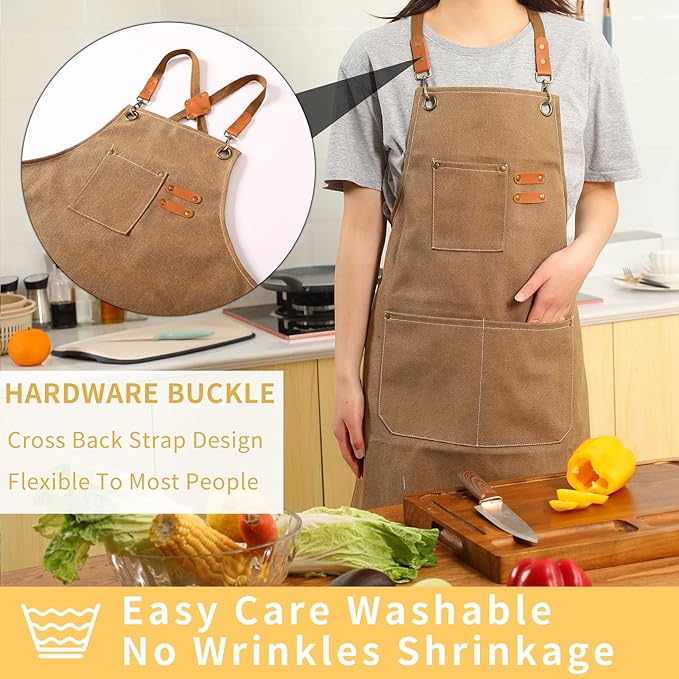 Tosewever Canvas Cross Back Chef Cotton Aprons - Image 3