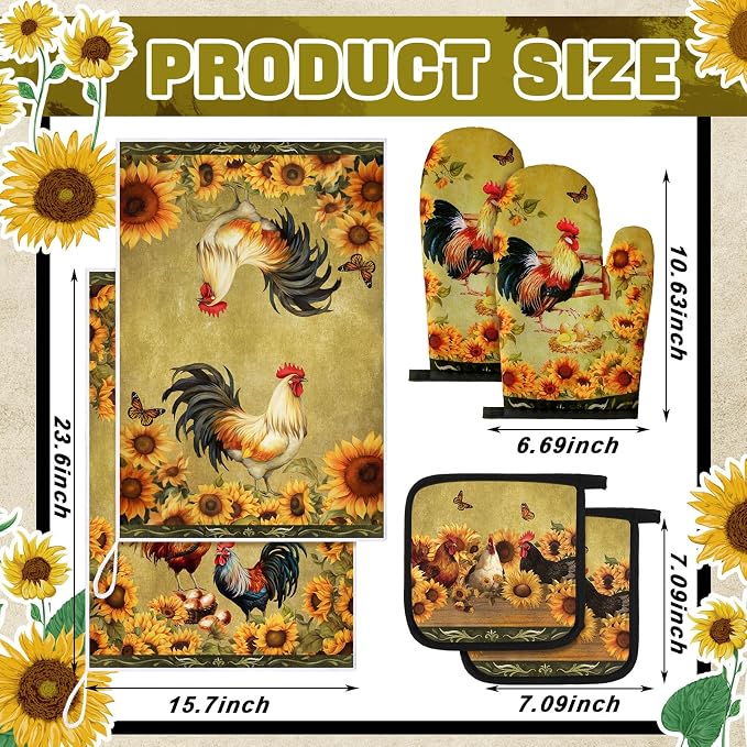 Leinuosen 6 Sunflower Rooster Farmhouse Kitchen Decor Dish Towels Oven Mitts - Image 3