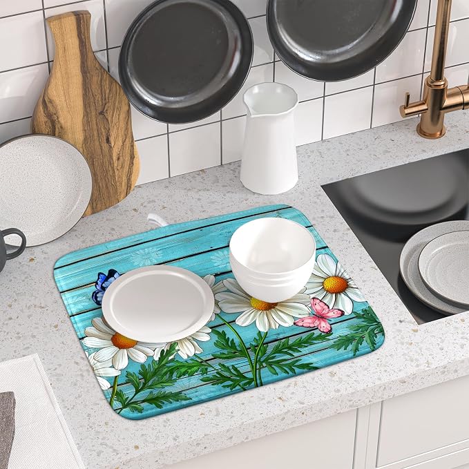 Daisy Dish Drying Mat for Kitchen Counter 16x18in Turquoise Daisy Old Wooden - Image 6