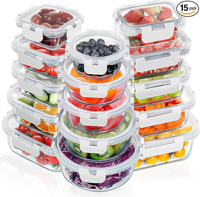 VERONES 30 Pieces Glass Meal Prep Containers Set, Stackable Food Storage by VERONES