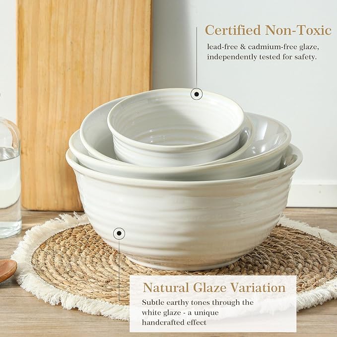Hasense Porcelain Mixing Bowls, 2.8/2.1/1.0/0.5 Qt, Handmade Large Salad - Image 5