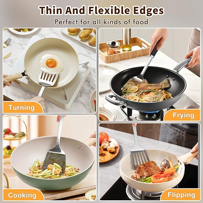 2 Pcs Silicone Stainless Steel Spatulas Set, Metal Spatula Solid & Slotted - Image 7