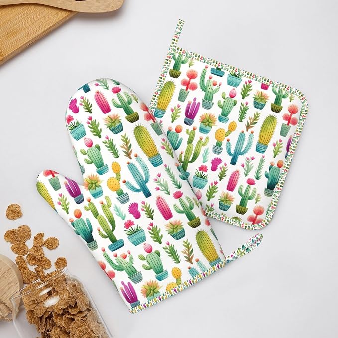 Oven Mitts and Pot Holders Set, Cactus Pattern Watercolor Silicone Kitchen - Image 6
