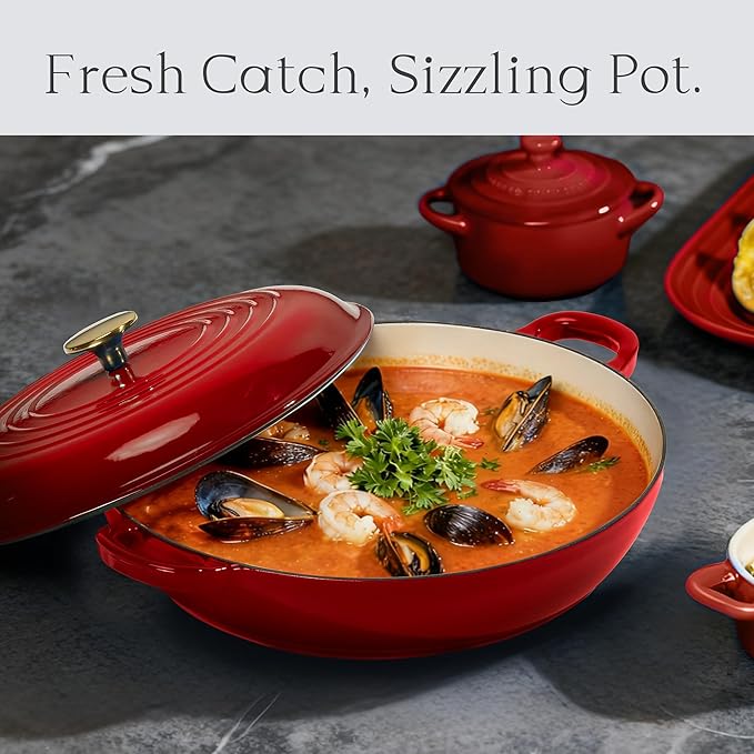 CAROTE 3.4QT Enameled Cast Iron Braiser Pan, Shallow Dutch Oven Casserole - Image 4
