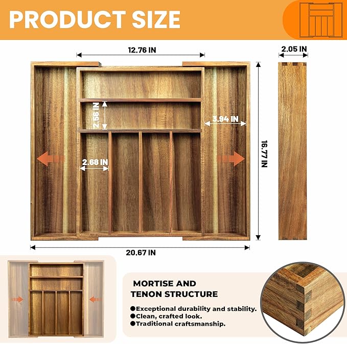 KITEISCAT Acacia Wood Expandable Silverware Organizer, Kitchen Utensil Drawer - Image 2