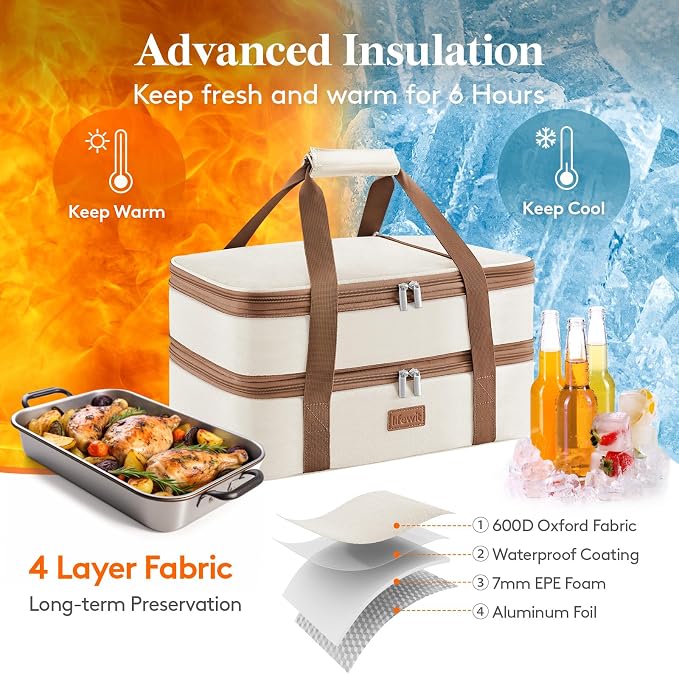 Lifewit Insulated Double Decker Casserole Carrier, Expandable Lasagna Lugger - Image 3