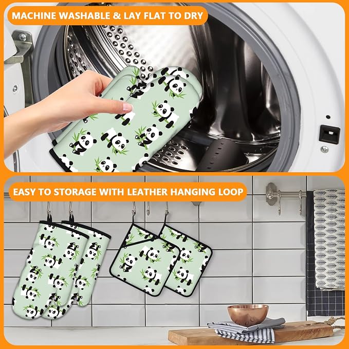 Cute Panda Oven Mitts and Pot Holders Sets 4Pcs, Extra Long Oven Gloves - Image 5