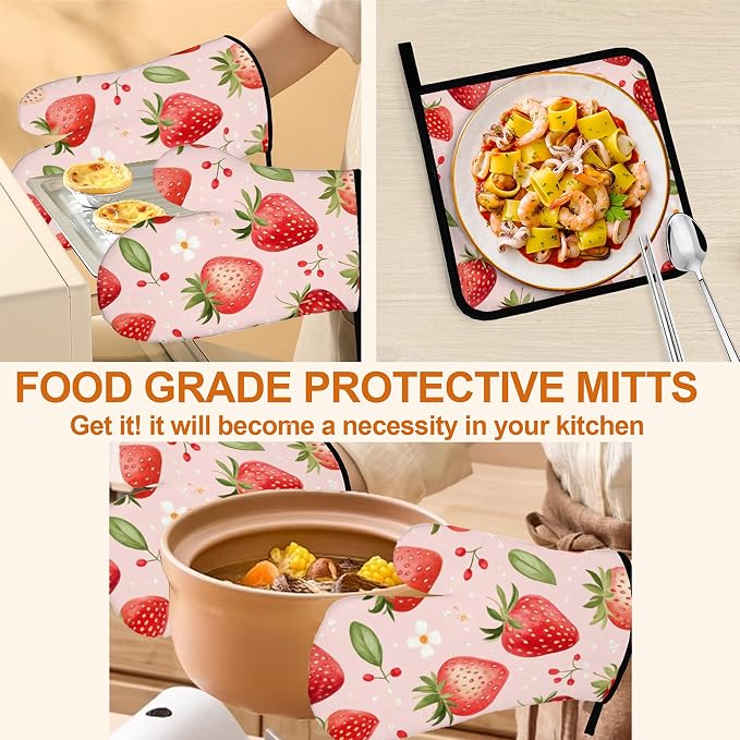 Strawberry Daisy Pattern Oven Gloves and Hot Pads Set - Image 5