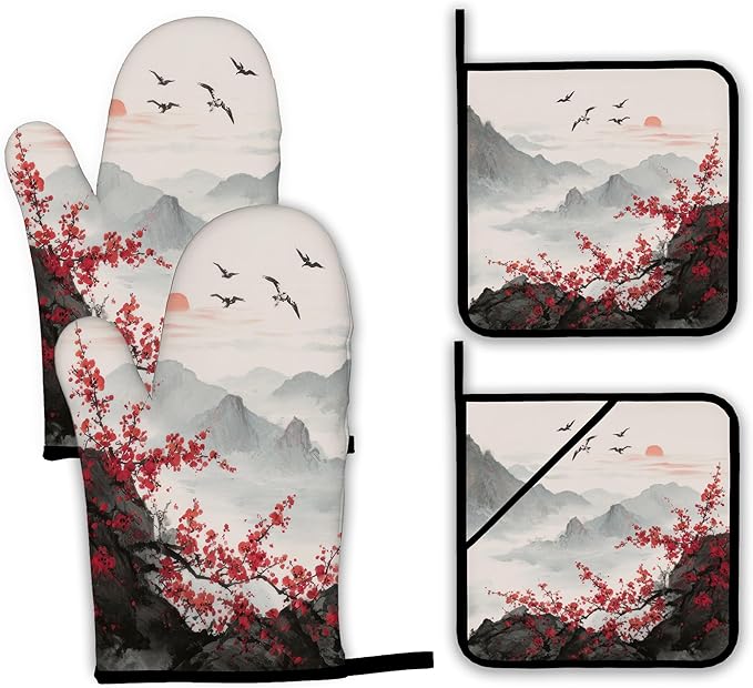 Cherry Blossom Moutain Oven Mitts and Pot Holders by Unknown