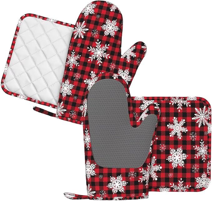 Red Black Buffalo Plaid Oven Mitts and Pot Holders Set - Image 2