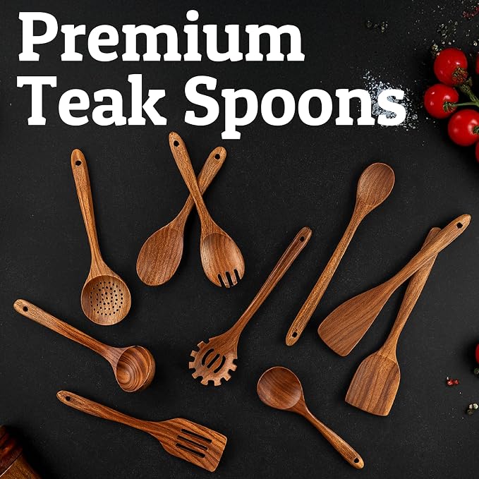 PriorityChef Wooden Spoons for Cooking, Premium 6pc Teak Wood Utensil Set - Image 8
