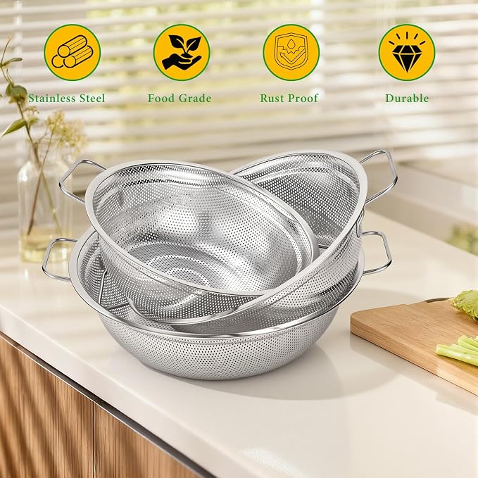 Colander Set of 3, Stainless Steel Micro-Perforated Colanders Strainers - Image 7