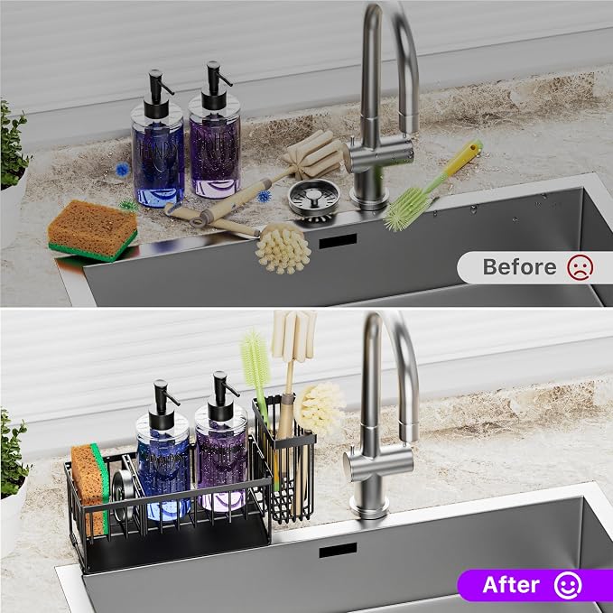 MASADI Kitchen Sink Caddy with Dish Soap Dispenser Set, 12OZ Glass Bottle - Image 5