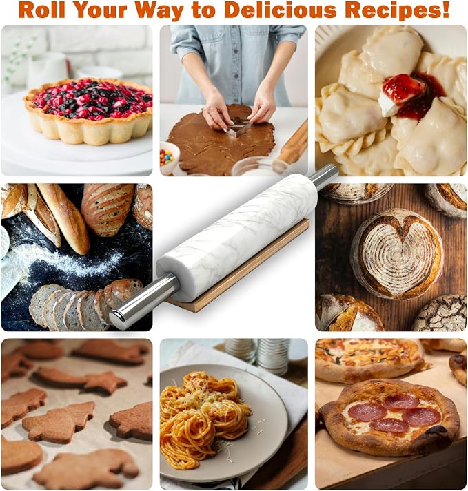 White Marble Rolling Pin with Stainless Steel Handles Baking Set - Image 7