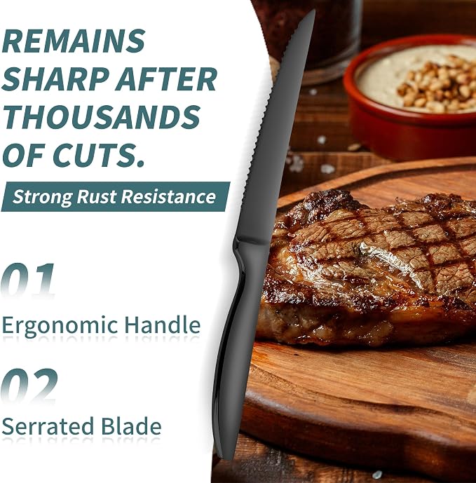 SuperCook Black Steak Knives Set of 8, Steak Knives Dishwasher Safe, Knife Set - Image 2