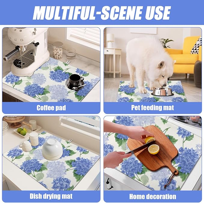 Blue Hydrangea Dish Drying Mat for Kitchen Counter Spring Floral Drying Pad - Image 7
