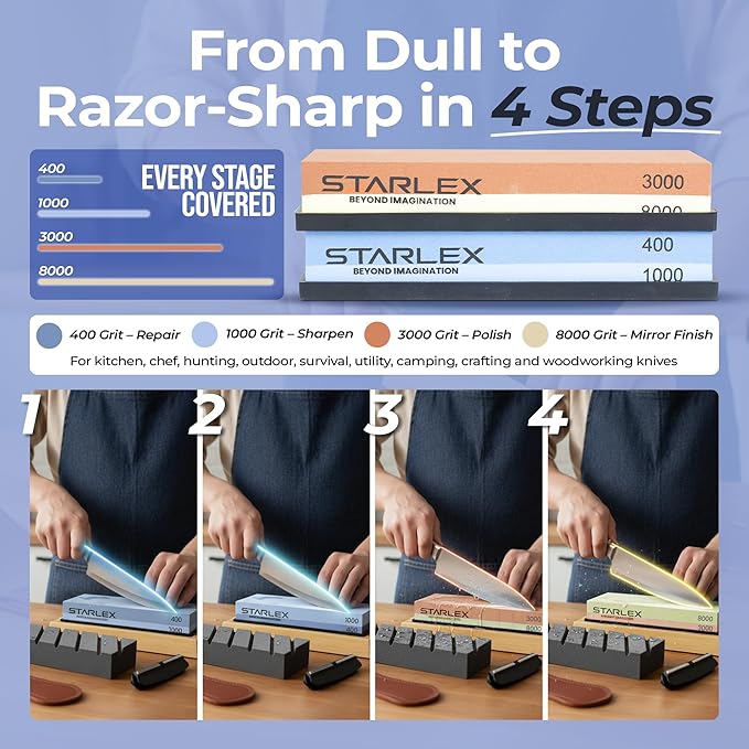Premium Knife Sharpening Stone Set – Dual Grit Whetstones, Leather Strop - Image 2