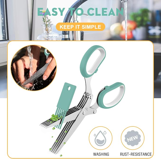 Herb Scissors with 5 Blades and Cover, Kitchen Herb Cutter with Cleaning Comb - Image 5