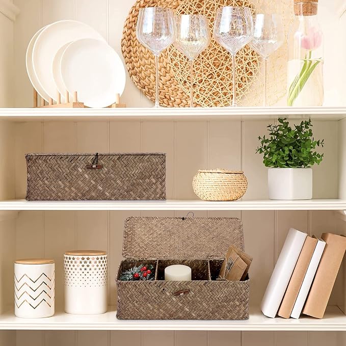 Hipiwe Storage Basket with Lid Toilet Tank Basket Holder Handwoven Wicker - Image 3