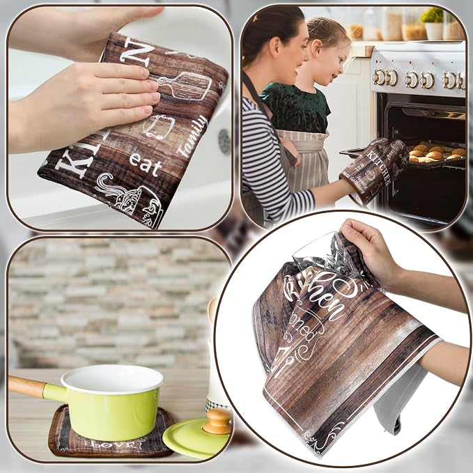 12 Pcs Farmhouse Kitchen Oven Mitts and Pot Holders Decor Sets 4 Wood Kitchen - Image 4