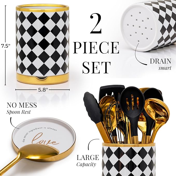 STYLED SETTINGS Black & White Checkered Utensil Holder Set – Large Ceramic - Image 7