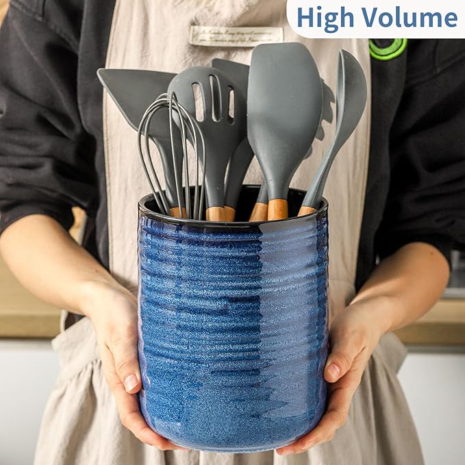 HASENSE Ceramic Kitchen Utensil Holder, 7.4" x 6.2" Large Countertop Utensil - Image 5