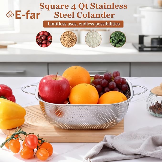 E-far 4QT Square Stainless Steel Colander - Image 7