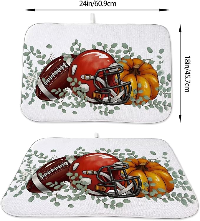 Fall Football Dish Drying Mat 18 x 24 inch Orange Pumpkins Eucalyptus Leaves - Image 2