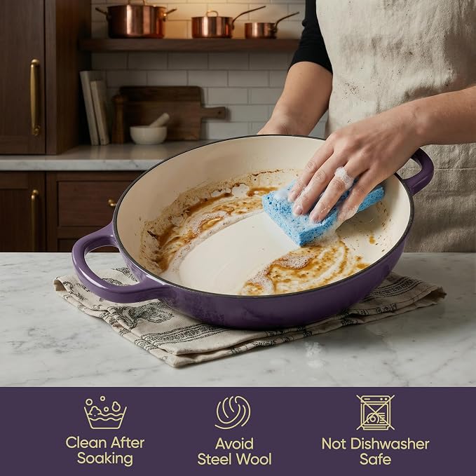 3 Quart Enameled Cast Iron Braiser, Non Stick Enameled Cast Iron Skillet - Image 6