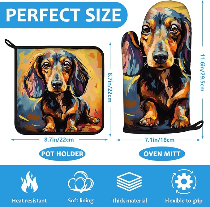 Watercolor Dog Oven Mitts and Pot Holders Sets Heat Resistant 4Pcs Potholders - Image 2