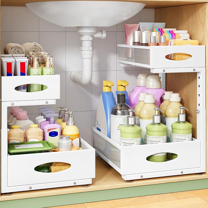 Under Sink Organizer, L-Shaped Adjustable Height, Mesh Sliding Drawer by Kitstorack