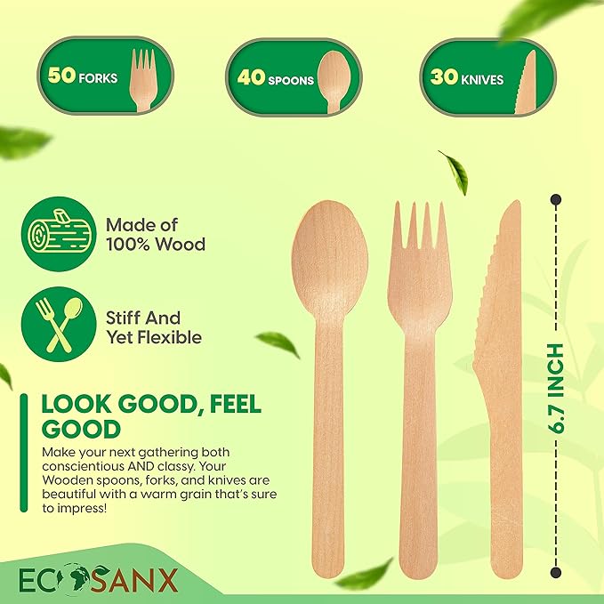 ECOSANX® 120 PCs Disposable Wooden Cutlery set 6.5" Splinter Free Compostable - Image 2