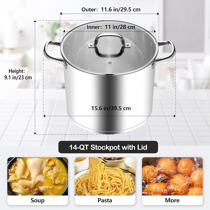 Homikit Large Stock Pot 14 Quart, Stainless Steel Chicken Soup Pot - Image 2