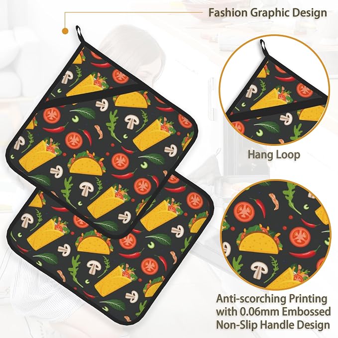 Cartoon Burrito Taco Hot Pepper Pot Holder Set of 2, Heat Resistant Potholders - Image 4