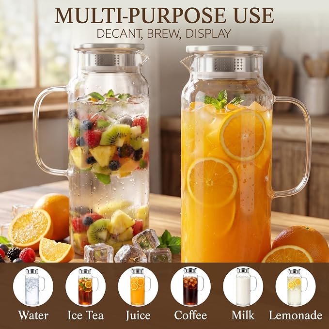 Glass Pitcher with Lid and Handle, 68oz 2 Liter Borosilicate Glass Water Pitcher - Image 7