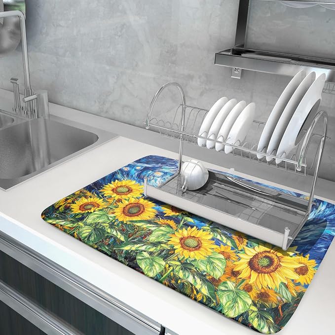 Sunflower Dish Drying Mat for Kitchen Counter 24x18 Inch Starry Night Drying Mat - Image 2