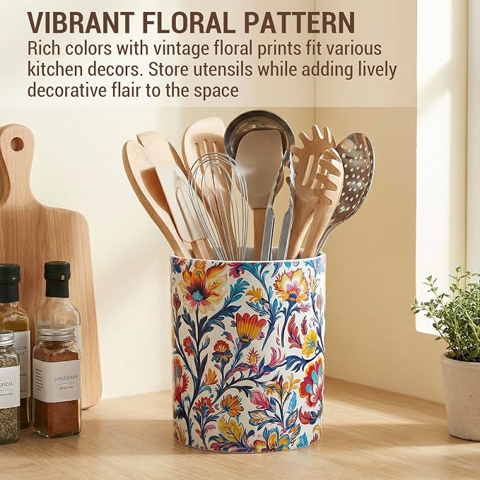 MyGift Vibrant Paisley Floral Ceramic Kitchen Utensil Holder – Decorative Crock - Image 2