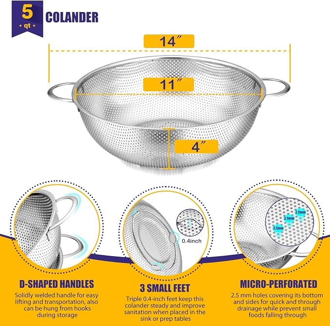 E-far 5-Quart Stainless Steel Colander, Micro-Perforated Metal Colander Strainer - Image 2