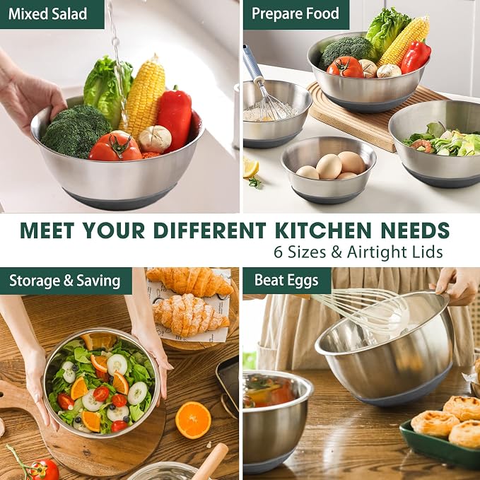 Umite Chef Mixing Bowls with Airtight Lids，6 piece Stainless Steel Metal - Image 4