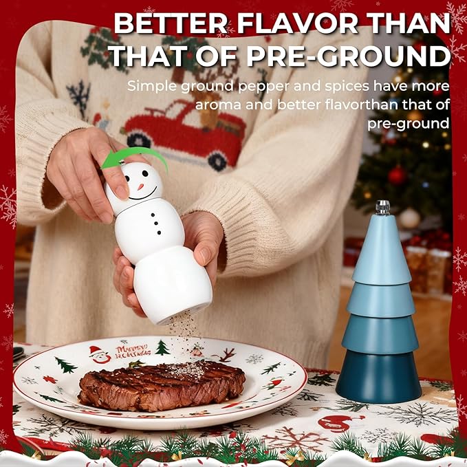 Christmas Salt and Pepper Grinder Set, Snowman & Tree Refillable Salt and - Image 2