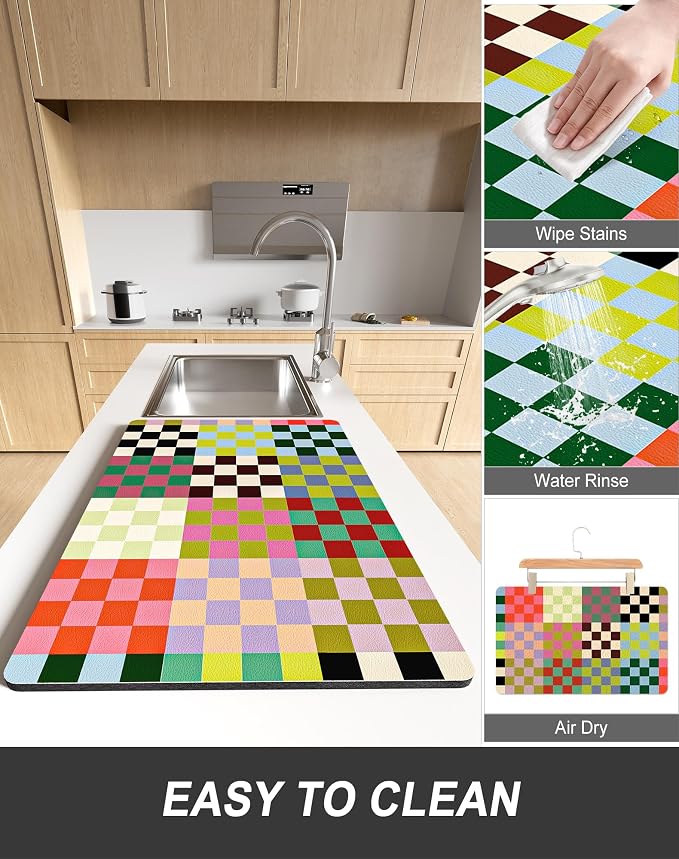 Rnivvi Dish Drying Mat for Kitchen Counter, XL 15 x 24" Cute Checkered - Image 6