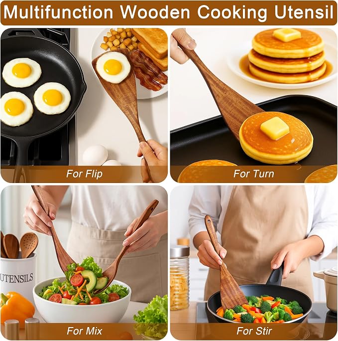 Jilla-hla Wooden Spatula Nonstick Turner Acacia Wood, Long Handle Flat Frying - Image 2