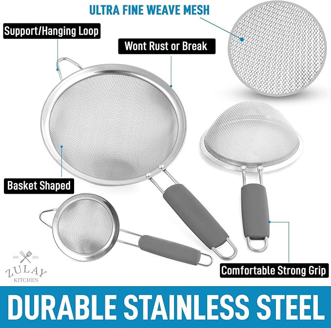 Zulay Kitchen Premium Stainless Steel Fine Mesh Strainer Set - Image 2