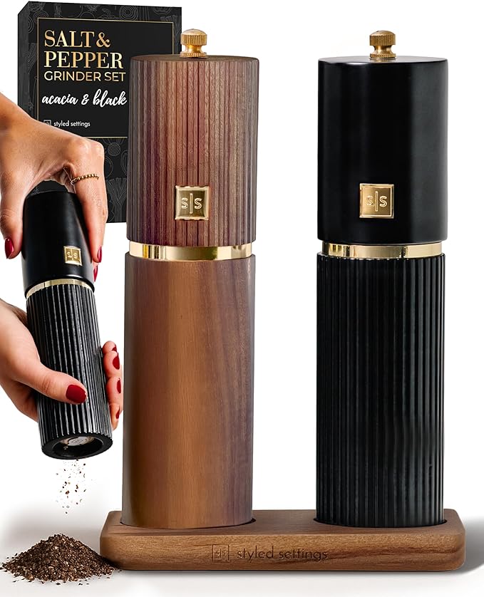 Wooden Salt and Pepper Grinder Set – Refillable Manual Salt and Pepper Mills by STYLEDSETTINGS