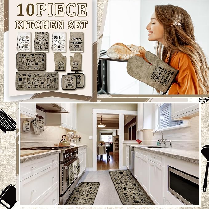 Fourluoo 10 Pcs Attractive Style Kitchen Dish Towels Rugs Oven Mitts and Pot - Image 2