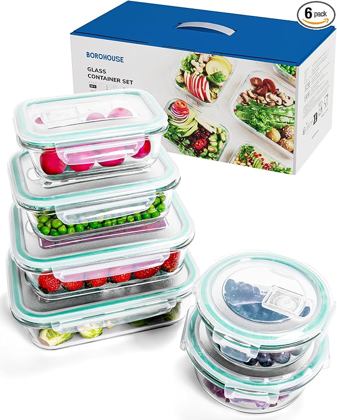 6-Pack Borosilicate Glass Food Storage Containers Set by BOROHOUSE
