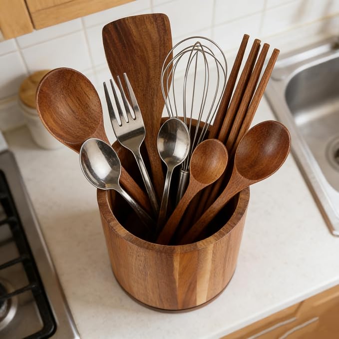 Acacia Wood Utensil Holder 360°Rotating Anti-Tip Design - Image 6